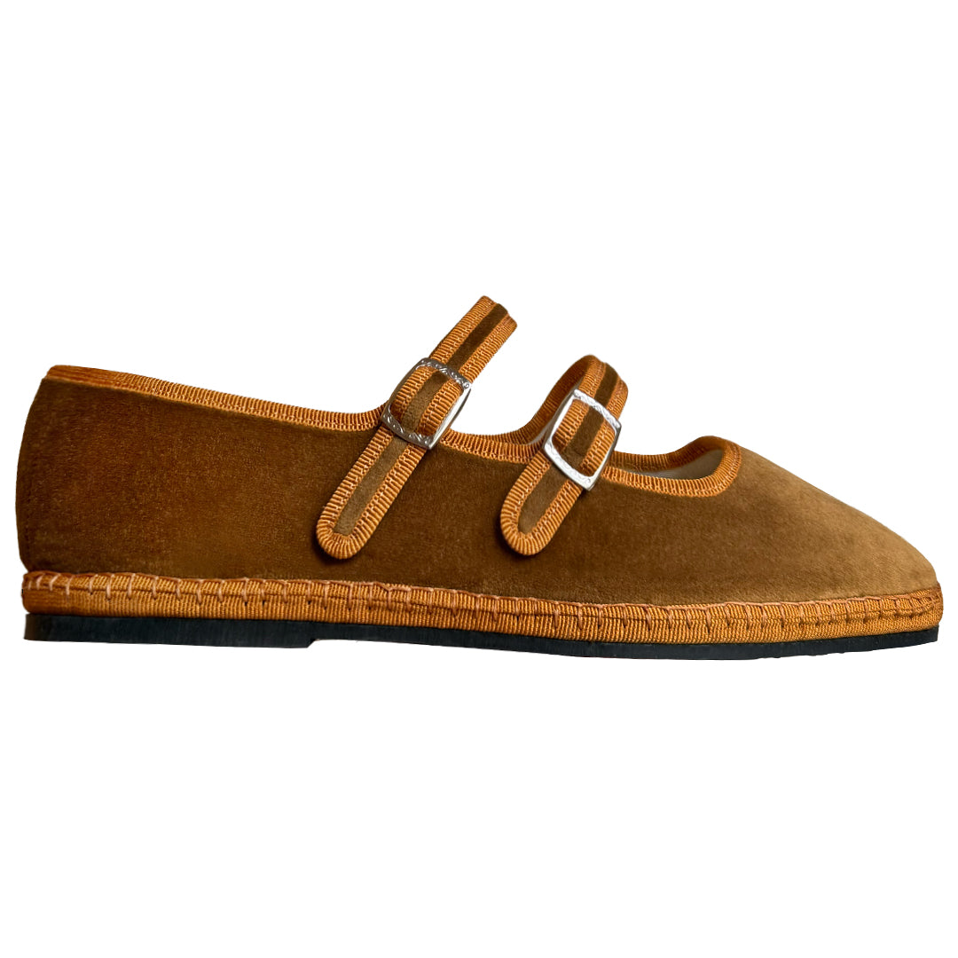 Nocciola Double Mary Jane Friulane in hazelnut brown Italian velvet with caramel grosgrain trim, side view