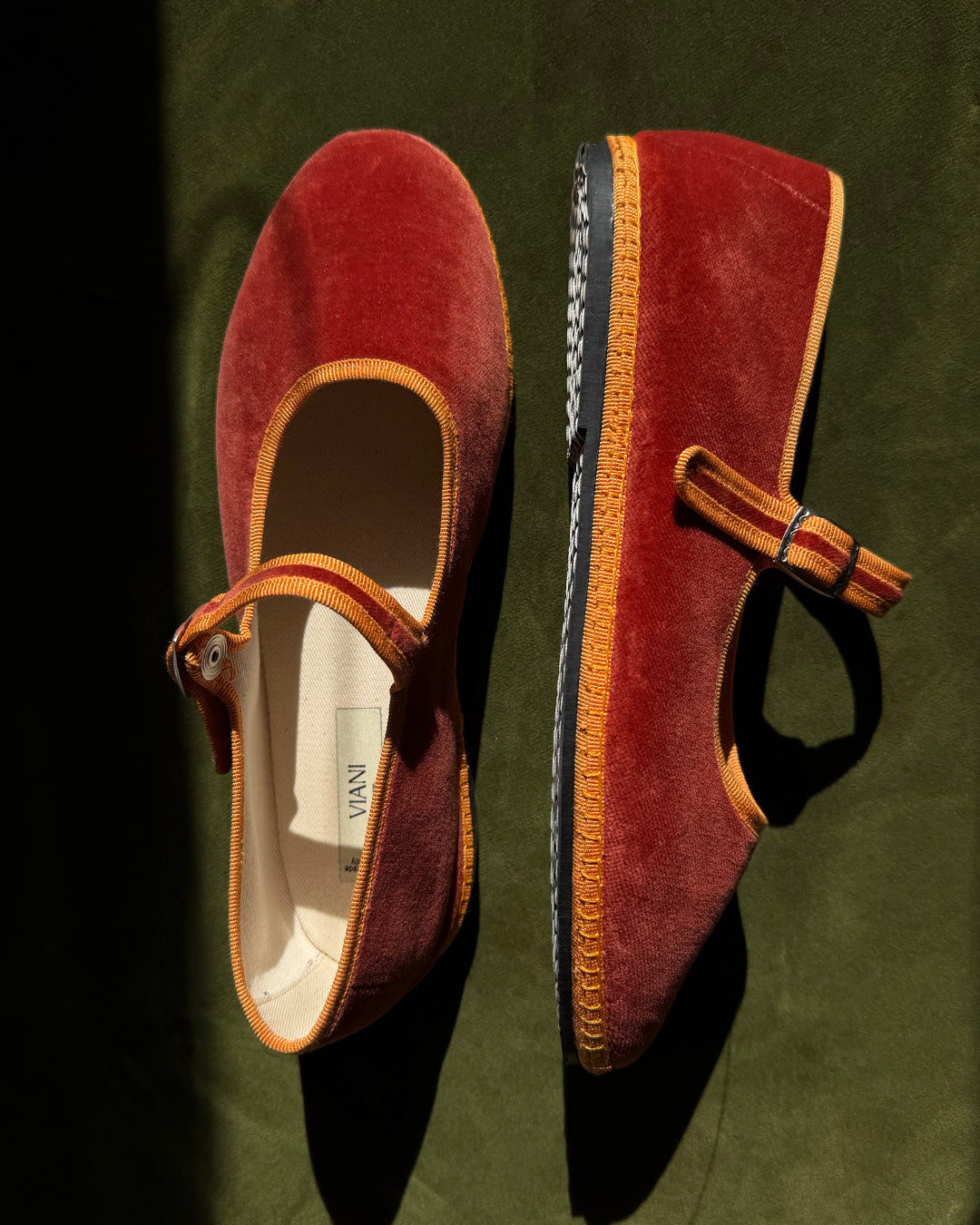Tamu Mary Jane Friulane in terracotta velvet with clementine orange trim side view