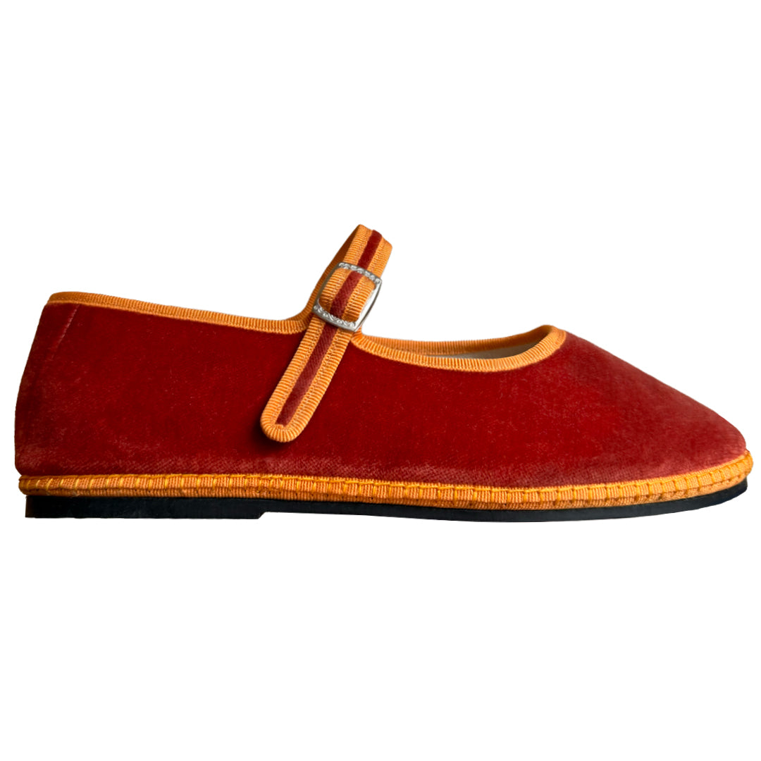Tamu Mary Jane Friulane in terracotta velvet with clementine orange trim