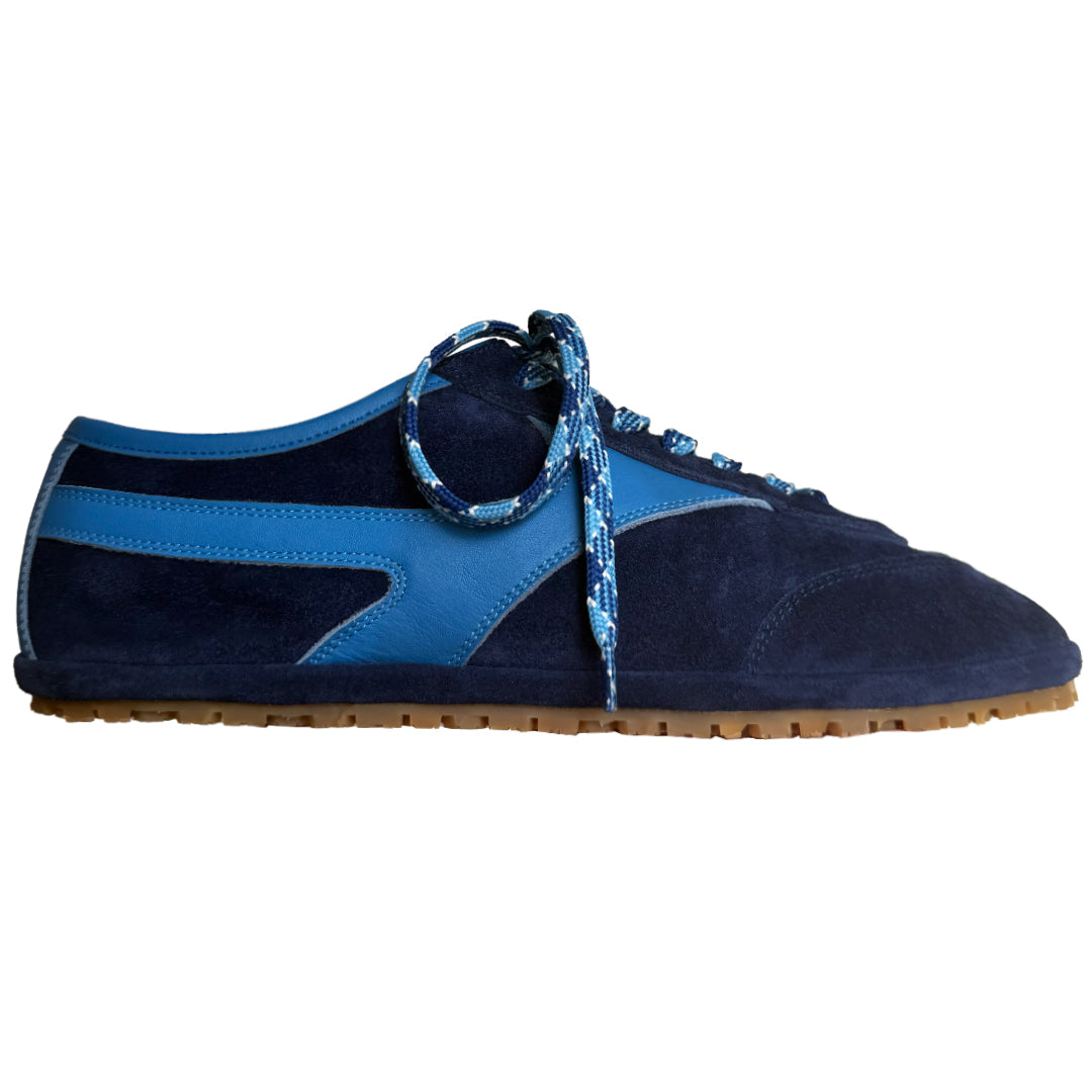 Trieste Corsa Sneaker in navy Italian suede with sky blue leather, side view