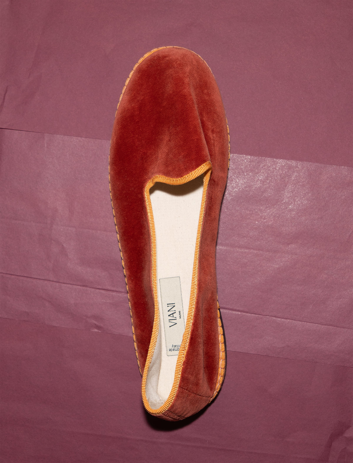 Ambra Friulane in terracotta velvet, top view showing the Viani insole