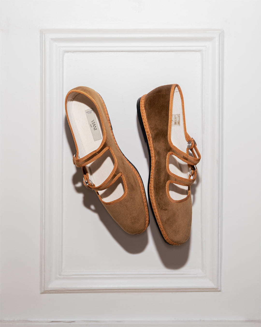 Pair of Nocciola Double Mary Jane Friulane in hazelnut velvet, top view