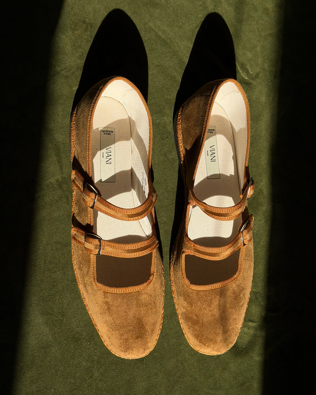 Top view of the Nocciola Double Mary Jane showing the double buckle straps and Viani insole