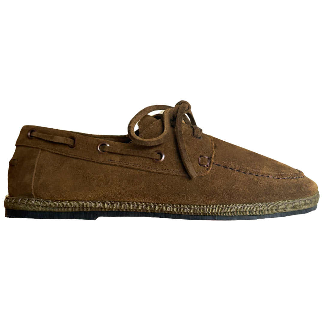 Olive Scarpa da Barca in olive green Italian suede, the Friulane-Boat Shoe hybrid, side view