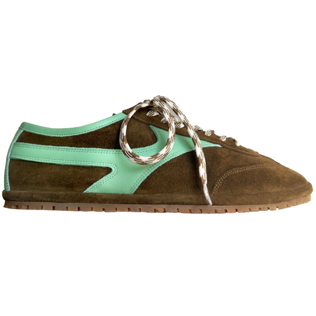Sanremo Corsa Sneaker in olive green Italian suede with mint green leather, side view