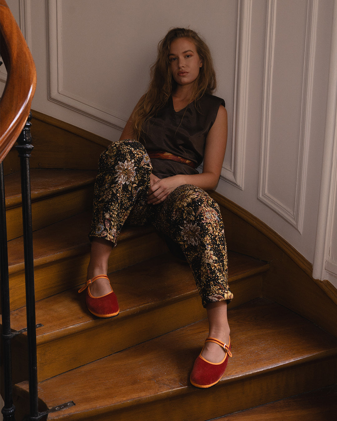 Tamu Mary Jane Friulane in terracotta velvet with clementine orange trim full look.