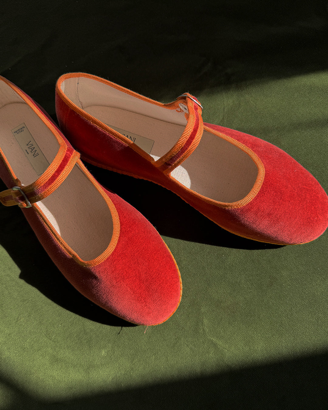 Tamu Mary Jane Friulane in terracotta velvet with clementine orange trim top view